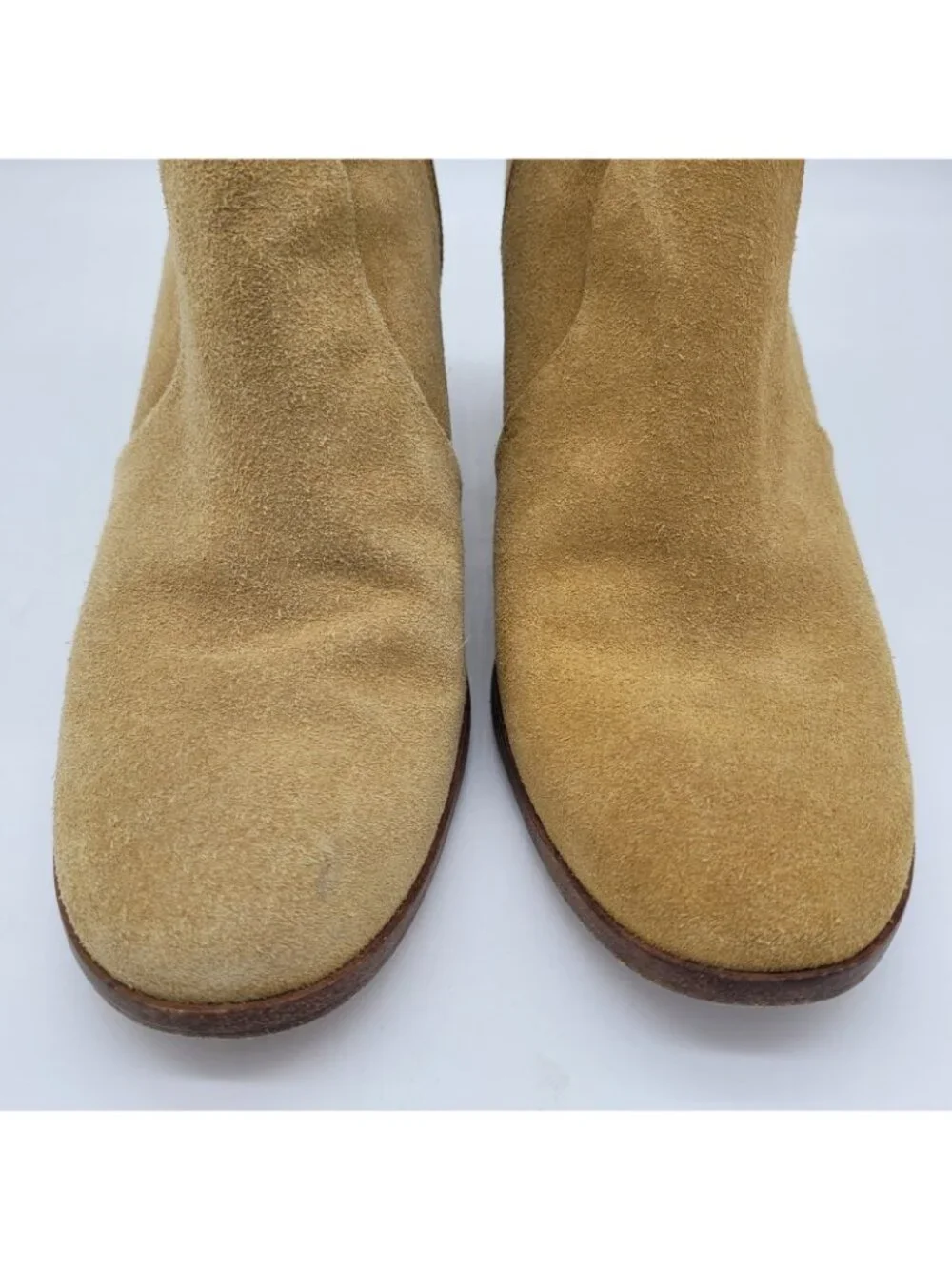 TORY BURCH Sabe Suede Ankle Boots Womens 8 Caramel Tan Round Toe Stacked Heel